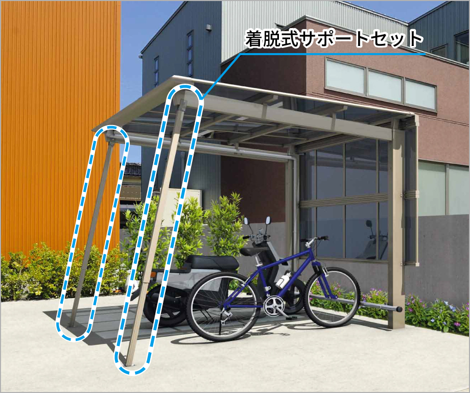 着脱式サポートセットで基準風速UP！ 着脱式サポートセット＋パネル抜け防止材 サポートセットは、着脱式で固定しやすく、収納時も柱にスッキリと納まります。また、サポート受けは埋め込みタイプとし、サポートセットを使用しない場合でも、つまずくことがないよう配慮しました。 三協アルミ　車庫まわり　自転車置き場　雨よけ　カーポート　モダン　おしゃれ　エクステリア　愛知・名古屋の外構専門店パートナーホームのエクステリア　製品一覧　サイクルポート　ニューマイリッシュ　ミニタイプ|パートナーホーム