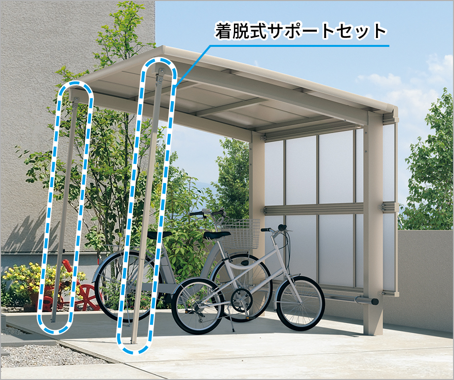 着脱式サポートセットで基準風速UP！ 三協アルミ　車庫まわり　自転車置き場　雨よけ　カーポート　モダン　おしゃれ　エクステリア　愛知・名古屋の外構専門店パートナーホームのエクステリア　製品一覧　サイクルポート　カムフィエース　ミニタイプ|パートナーホーム