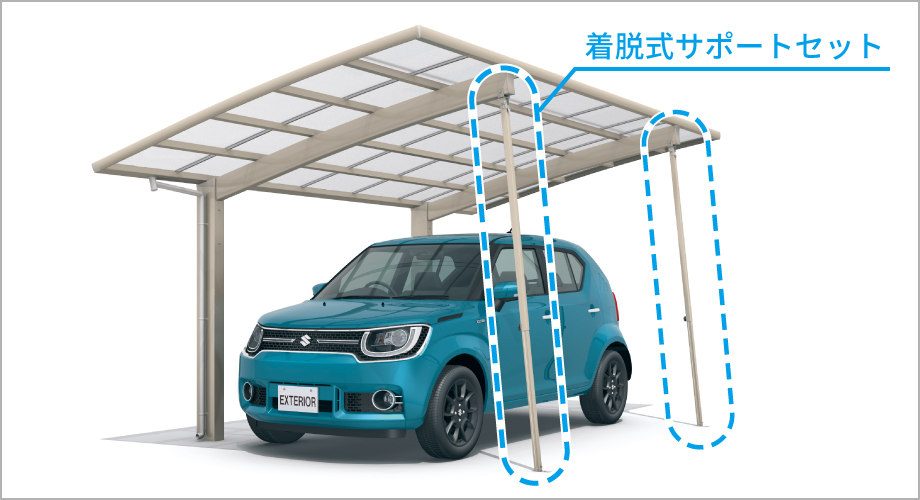 サポートセットは、着脱式で固定しやすく、収納時も柱にスッキリと納まります。 また、サポート受けは埋め込みタイプとし、サポートセットを使用しない場合でも、つまずくことがないよう配慮しました。 耐積雪量50cm仕様はパネル抜け防止材を標準装備しています。 三協アルミ　車庫まわり　自転車置き場　雨よけ　カーポート　モダン　おしゃれ　エクステリア　愛知・名古屋の外構専門店パートナーホームのエクステリア　製品一覧　サイクルポート　カムフィエースZ　ミニタイプ　|パートナーホーム