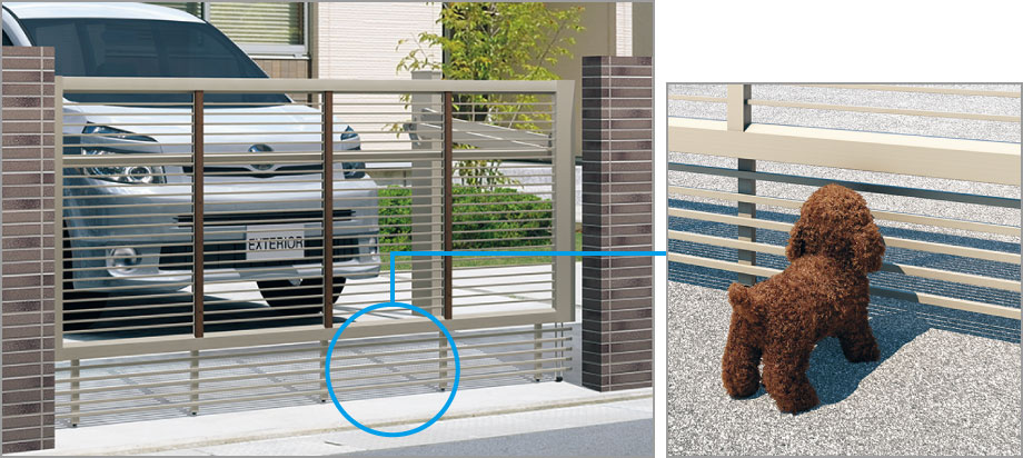 ペットガードタイプ 犬の飛び出しを抑制する「ペットガードタイプ」です。 ※猫の出入り防止用ではありません。 ※小型犬や犬種によっては対応できません。　三協アルミ　車庫まわり　カーポート　モダン　おしゃれ　エクステリア　愛知・名古屋の外構専門店パートナーホームのエクステリア　製品一覧　跳ね上げ門扉　ラビーネ|パートナーホーム