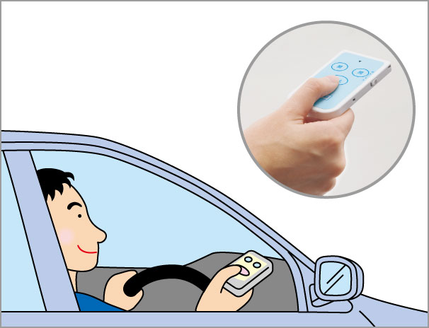 リモコンによるラクラク操作。 車の中から開閉操作ができます。 ※無線の標準到達距離は約10mです。ただし、周囲の環境で到達距離が短くなることがあります。　三協アルミ　車庫まわり　玄関ゲート　アーチ　モダン　おしゃれ　エクステリア　愛知・名古屋の外構専門店パートナーホームのエクステリア　製品一覧　シャッターゲート|パートナーホーム
