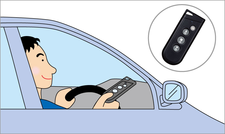 リモコンによるラクラク操作。 車の中から開閉操作ができます。標準でリモコンを1台用は2コ、2台用は3コ、3台用は6コ、4台用は6コ付属しています。 ※無線の標準到達距離は約20mです。ただし、周囲の環境で到達距離が短くなることがあります。柱の内観側に開閉スイッチはなく、リモコンのみでの開閉操作となります。 三協アルミ　車庫まわり　玄関ゲート　アーチ　モダン　おしゃれ　エクステリア　愛知・名古屋の外構専門店パートナーホームのエクステリア　製品一覧　シャッターゲート　パレオ|パートナーホーム