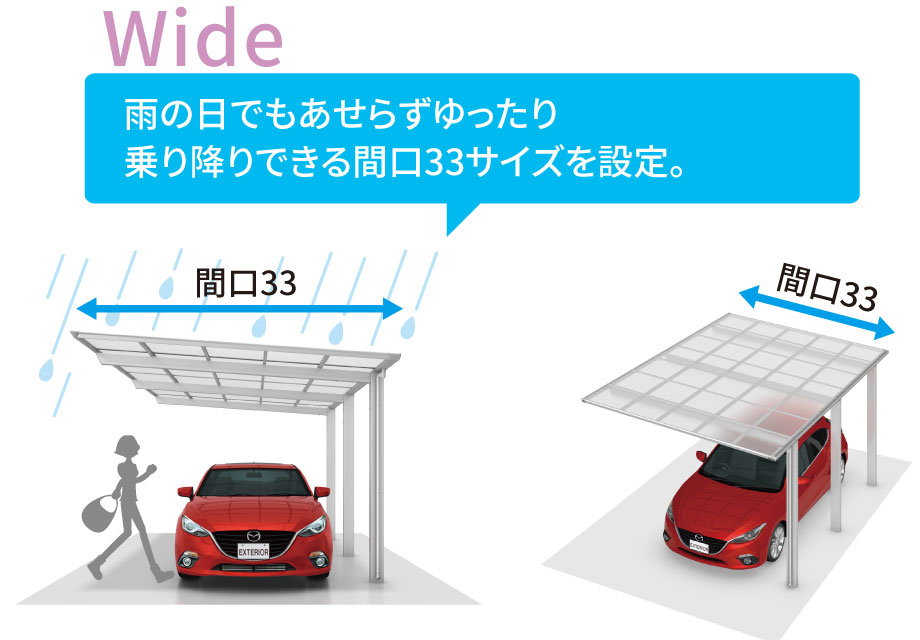 当社：1台駐車用カーポートでは最大の間口3354mmを設定。車への乗り降りの際に雨に濡れないように配慮できます。 三協アルミ　車庫まわり　カーポート　モダン　おしゃれ　エクステリア　愛知・名古屋の外構専門店パートナーホームのエクステリア　製品一覧　カーポート　セルフィ|パートナーホーム