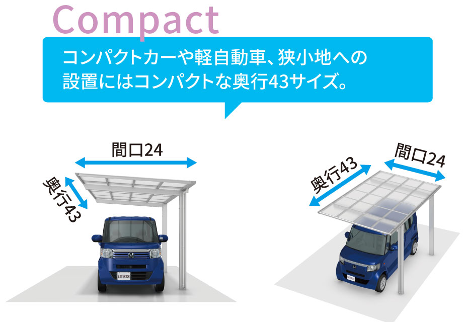 限られた敷地への設置や所有される車が小さめの場合におすすめする、コンパクトなサイズを用意しています。 三協アルミ　車庫まわり　カーポート　モダン　おしゃれ　エクステリア　愛知・名古屋の外構専門店パートナーホームのエクステリア　製品一覧　カーポート　セルフィ|パートナーホーム