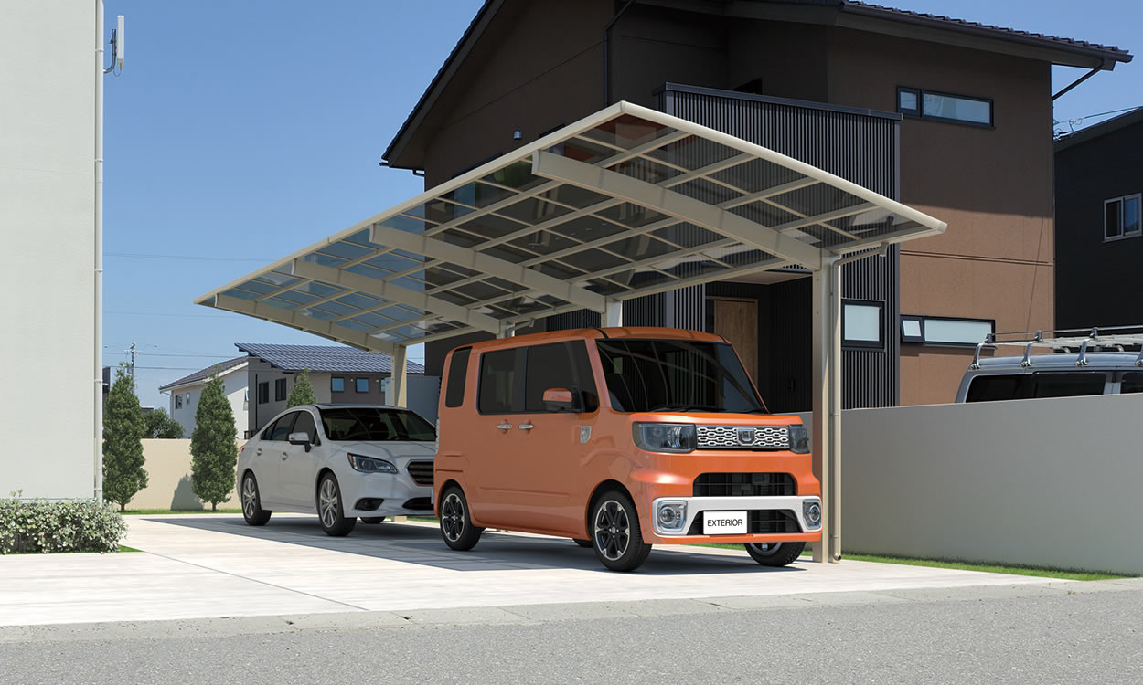 奥行2連結タイプ アーバングレー（UC）／奥行2連結タイプ／（50・50）27／H23／ポリカーボネート板：ブルースモーク（AO）　三協アルミ　車庫まわり　カーポート　モダン　おしゃれ　エクステリア　愛知・名古屋の外構専門店パートナーホームのエクステリア　製品一覧　カーポート　カムフィエースZ|パートナーホーム
