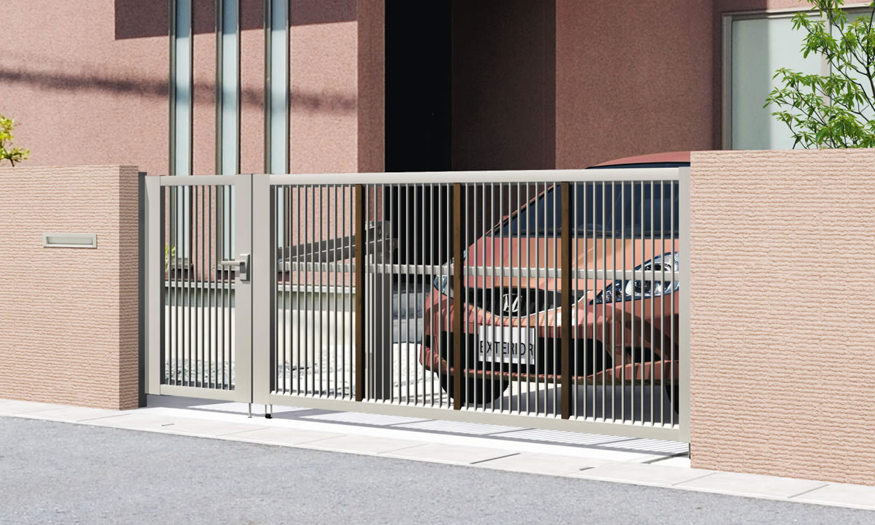 M2型　開き戸タイプ FAU（トラッドオーク・アーバングレー）／手動タイプ／標準／2712　三協アルミ　車庫まわり　カーポート　モダン　おしゃれ　エクステリア　愛知・名古屋の外構専門店パートナーホームのエクステリア　製品一覧　跳ね上げ門扉　ラビーネ|パートナーホーム