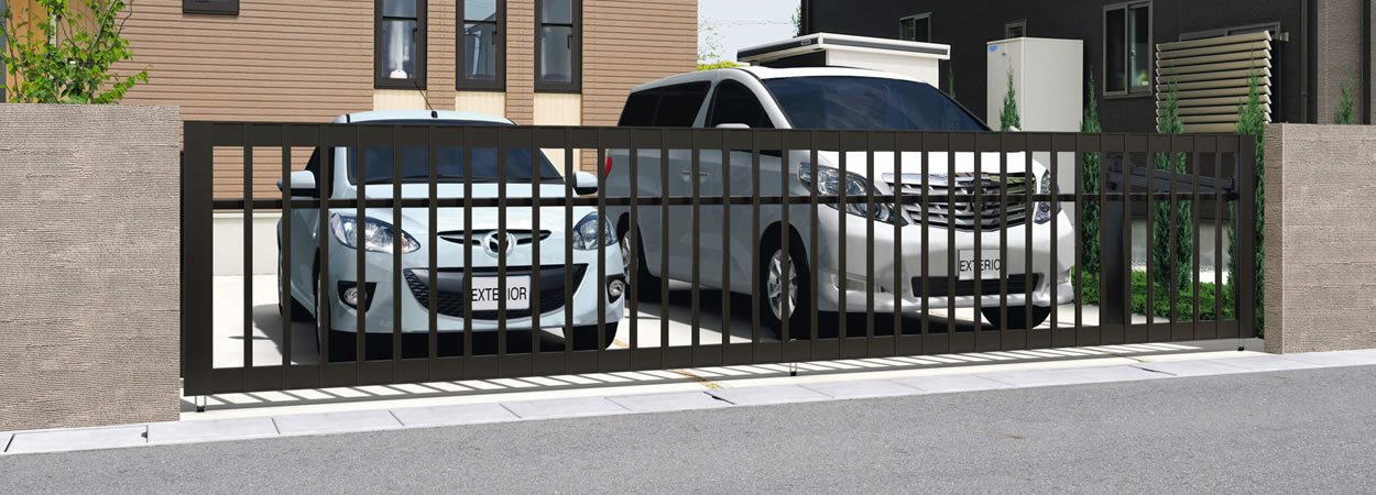 ワイド4型 ダークブロンズ（BD）／手動タイプ／ハイルーフ／6012　三協アルミ　車庫まわり　カーポート　モダン　おしゃれ　エクステリア　愛知・名古屋の外構専門店パートナーホームのエクステリア　製品一覧　跳ね上げ門扉　ラビーネ|パートナーホーム