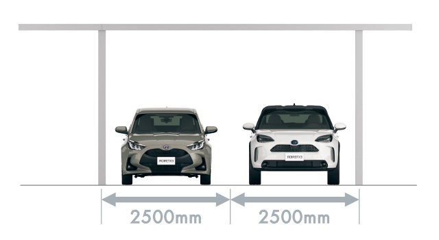 駐車幅2.5mに対して均等割付が可能となり少ない柱本数で、きれいに納まります。　POINT1　業界最大級の柱ピッチ5000mm ※柱移動により5300mmまで対応できます。　三協アルミ　パブリックエクステリア　モダン　おしゃれ　エクステリア　愛知・名古屋の外構専門店パートナーホームのエクステリア　製品一覧　通路シェルター　ファイブフォート|パートナーホーム