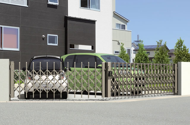 角地への対応が可能。 ●先頭キャスタータイプは対応できません。　三協アルミ　車庫まわり　モダン　おしゃれ　エクステリア　愛知・名古屋の外構専門店パートナーホームのエクステリア　製品一覧　カーテンゲート　エアリーナⅡ|パートナーホーム
