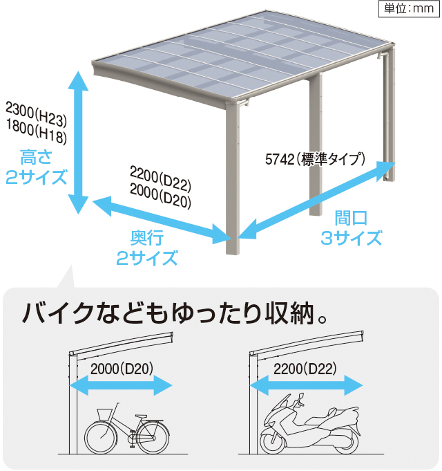 サイクルラックに合わせた無駄のないサイズ展開で スペースを有効活用。　三協アルミ　パブリックエクステリア　サイクルポート　自転車　モダン　おしゃれ　エクステリア　愛知・名古屋の外構専門店パートナーホームのエクステリア　製品一覧　サイクルポート　リンリンエース|パートナーホーム
