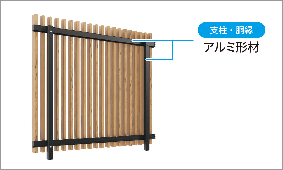 支柱・胴縁：アルミ形材 強度、耐久性が高く長期の使用が可能で経済的 三協アルミ　パブリックエクステリア　目隠し　モダン　おしゃれ　エクステリア　愛知・名古屋の外構専門店パートナーホームのエクステリア　製品一覧　大型フェンス　フレラインフォルテ（木製格子）|パートナーホーム