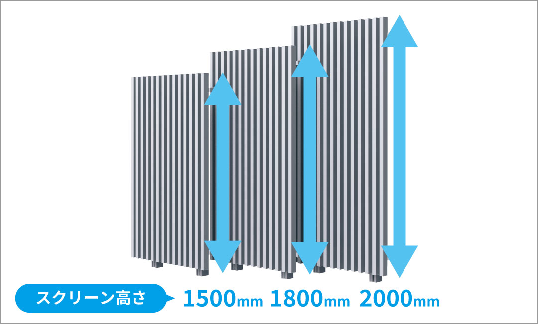 スクリーン高さは1500㎜～2000㎜までの３サイズを設定 三協アルミ　パブリックエクステリア　スクリーン　目隠し　モダン　おしゃれ　エクステリア　愛知・名古屋の外構専門店パートナーホームのエクステリア　製品一覧　パブリックスクリーン　フレジスタ|パートナーホーム