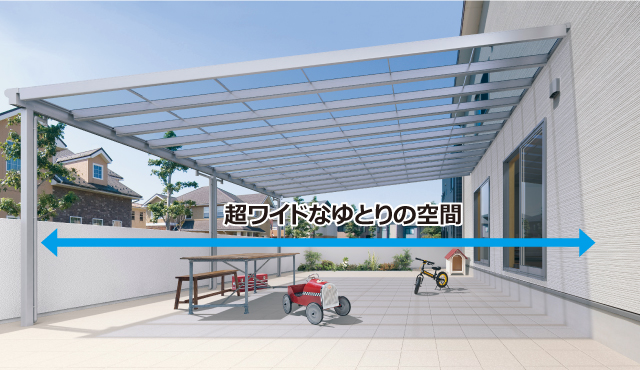 出幅サイズ ゆとりの空間、出幅20尺ワイドタイプ。（F型のみ） カーポートなど多用途に活躍する出幅ワイドタイプ。10尺から15尺まで1尺単位で規格。F型関東間には18尺・20尺の超ワイドタイプも規格しています。 三協アルミ　雨よけ　洗濯　物干し　ランドリー　庭まわり 　ウォールエクステリア　モダン　おしゃれ　エクステリア　愛知・名古屋の外構専門店パートナーホームのエクステリア　製品一覧　テラス　レボリューA・レボリューZ|パートナーホーム