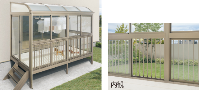 格子付き引違い窓（上下窓） 窓開放時の小さなお子様の転落や、物の落下に配慮した、格子付き引違い窓（上下窓）をご用意。 三協アルミ　雨よけ　洗濯　物干し　ランドリー　庭まわり 　ウォールエクステリア　モダン　おしゃれ　エクステリア　愛知・名古屋の外構専門店パートナーホームのエクステリア　製品一覧　テラス囲い　晴れもようwith|パートナーホーム