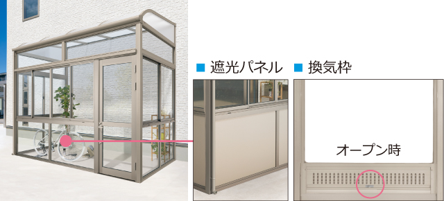 FIX窓／高窓（FIX部） 用途に応じて遮光パネルに組み替えできるFIX窓。FIX部に換気枠を設置することができます。 三協アルミ　雨よけ　洗濯　物干し　ランドリー　庭まわり 　ウォールエクステリア　モダン　おしゃれ　エクステリア　愛知・名古屋の外構専門店パートナーホームのエクステリア　製品一覧　テラス囲い　晴れもようwith|パートナーホーム