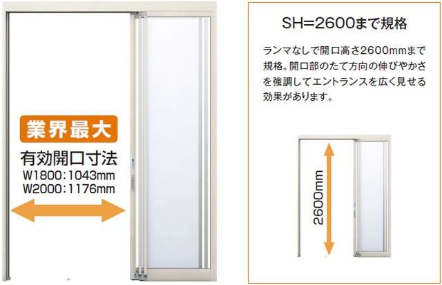 広い開口寸法 有効開口最大1176mmで車イスの通行や自転車の出し入れがスムーズに行えます。また、ランマなしで開口高さ2600mmまで規格。開口部のたて方向の伸びやかさを強調してエントランスを広く見せる効果があります。 三協アルミ　雨よけ　風よけ　物置　多目的スペース　　玄関まわり　ウォールエクステリア　モダン　おしゃれ　エクステリア　愛知・名古屋の外構専門店パートナーホームのエクステリア　製品一覧　風除室　暖たす|パートナーホーム