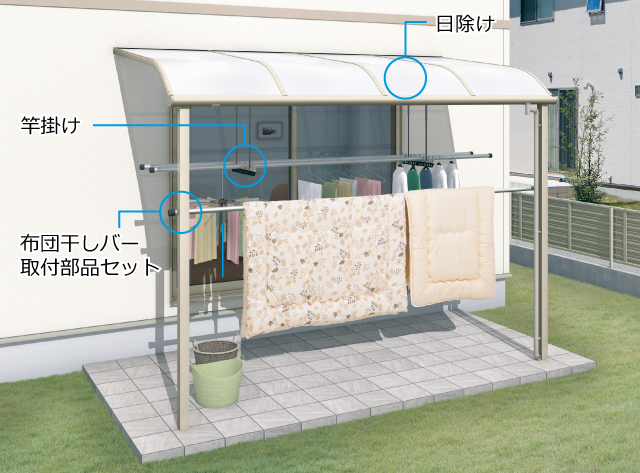 日除けから竿掛け、物干しアイテムまでさまざまなオプションをご用意しています。 三協アルミ　雨よけ　洗濯　物干し　ランドリー　庭まわり 　ウォールエクステリア　モダン　おしゃれ　エクステリア　愛知・名古屋の外構専門店パートナーホームのエクステリア　製品一覧　テラス　レボリューA・レボリューZ|パートナーホーム