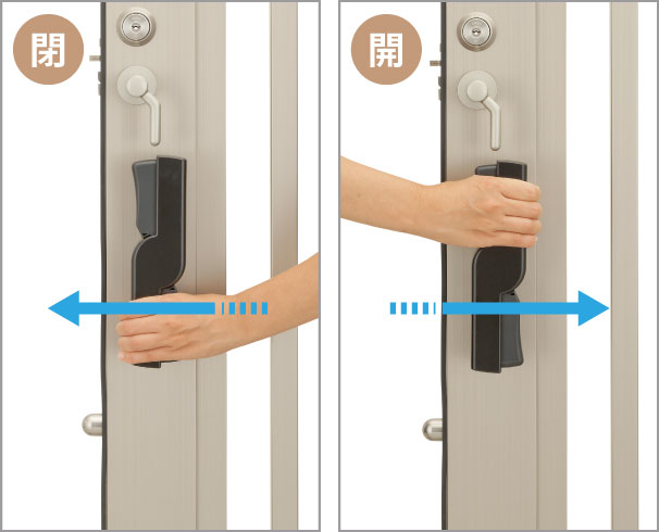 開・閉どちらの方向からでも同じような操作が可能 三協アルミ　パブリックエクステリア　モダン　おしゃれ　エクステリア　愛知・名古屋の外構専門店パートナーホームのエクステリア　製品一覧　大型引戸門扉　グラフェードN|パートナーホーム
