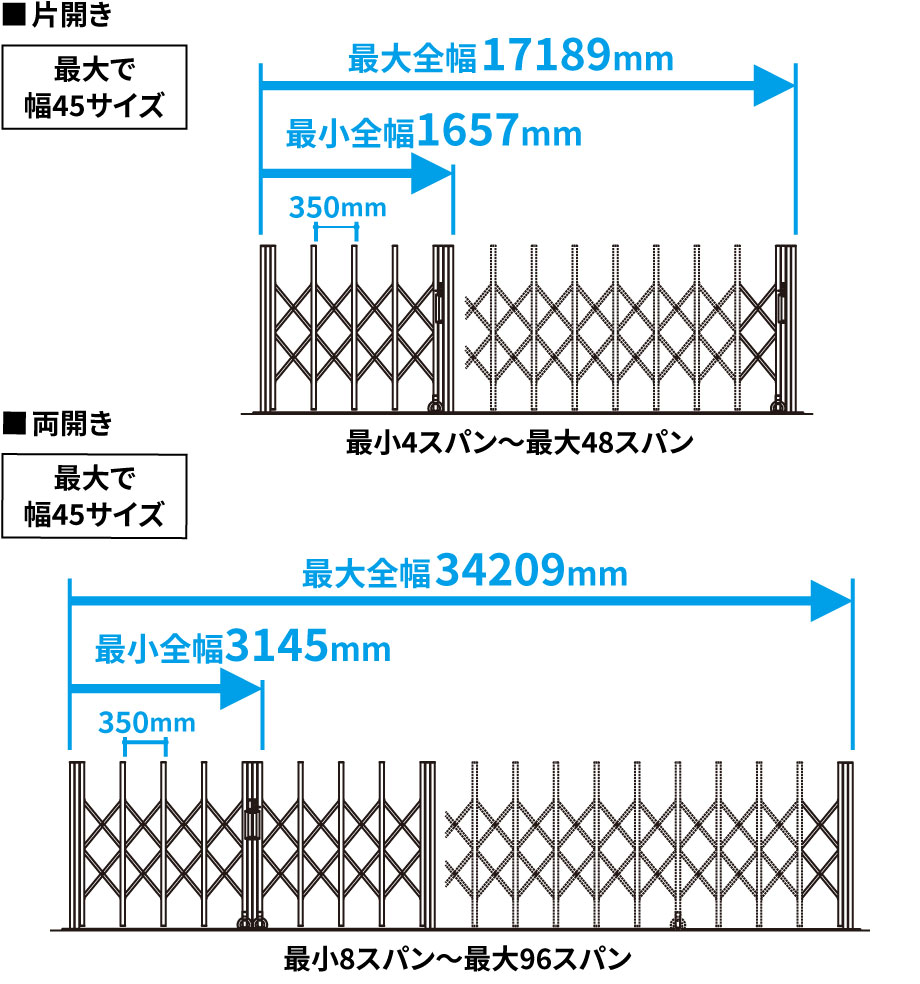 扉サイズを350mm刻みに設定することで、さまざまな設置現場に対応可能です。 　三協アルミ　パブリックエクステリア　モダン　おしゃれ　エクステリア　愛知・名古屋の外構専門店パートナーホームのエクステリア　製品一覧　大型伸縮門扉　アルテンダ|パートナーホーム