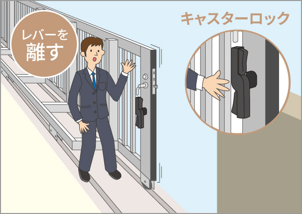 静止状態で引手のレバーを離すと、キャスターのロックがかかります。 三協アルミ　パブリックエクステリア　モダン　おしゃれ　エクステリア　愛知・名古屋の外構専門店パートナーホームのエクステリア　製品一覧　大型引戸門扉　グラフェードN|パートナーホーム