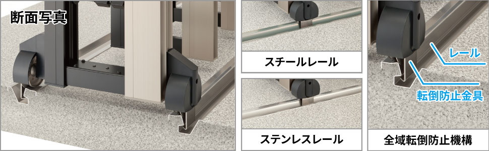 走行方法 フラットレールタイプ レールが突出していませんので人や車の通行がスムーズに行えます。 レールはスチール製とステンレス製との2種からお選びいただけます。 車輪に装備した転倒防止金具により、レール全域での本体の転倒を防止します。 三協アルミ　パブリックエクステリア　モダン　おしゃれ　エクステリア　愛知・名古屋の外構専門店パートナーホームのエクステリア　製品一覧　大型伸縮門扉　アルテンダフォルテ|パートナーホーム