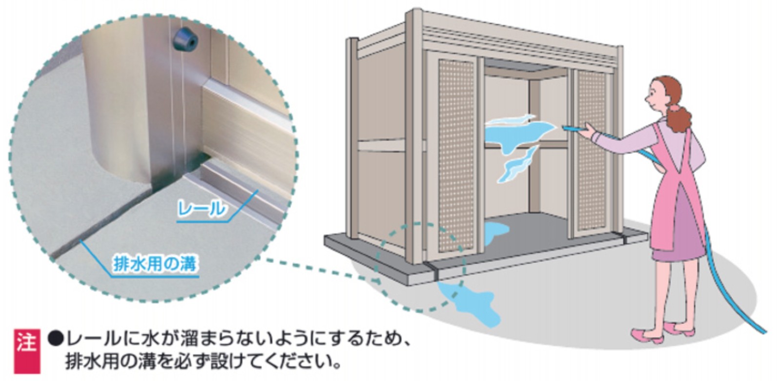 まるごと水洗いが可能です。 本体は丈夫なアルミ製ですから直接水洗いができ、ゴミ収納庫内を清潔に保てます。 三協アルミ　パブリックエクステリア　モダン　おしゃれ　エクステリア　愛知・名古屋の外構専門店パートナーホームのエクステリア　製品一覧　ゴミ収納庫　ダスティンG／ダスティン|パートナーホーム