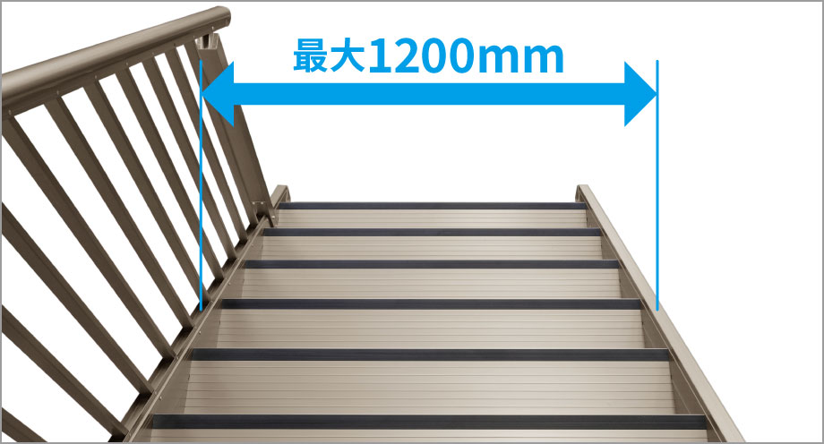 踏板の間口幅を広くすることで、ゆとりのある動線を確保することができます。 ※人工木踏板のW最大寸法は1000mmです。　三協アルミ　庭まわり　ウォールエクステリア　モダン　おしゃれ　エクステリア　愛知・名古屋の外構専門店パートナーホームのエクステリア　製品一覧　ウォールエクステリア特注品　らせん階段　螺旋階段　アルミ階段|パートナーホーム