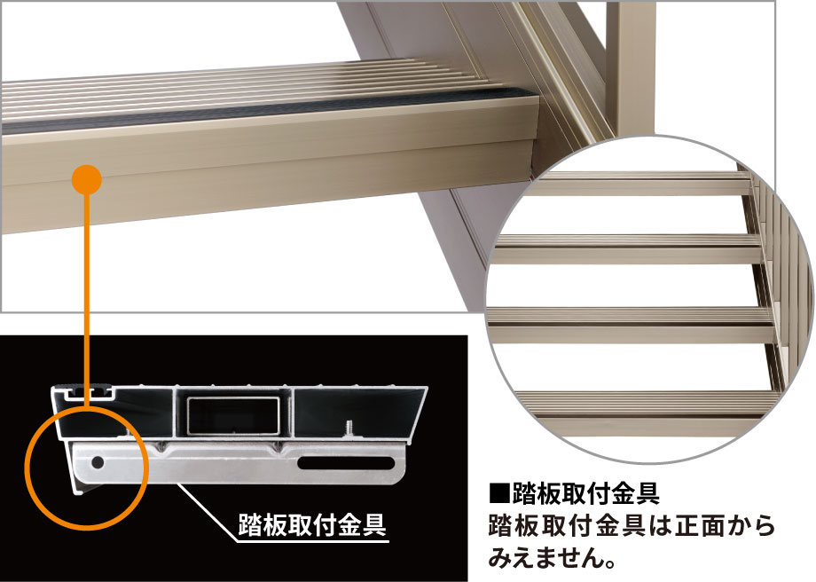 踏板取付金具 踏板からのびるフィンにより、強度とデザイン性をUP。 三協アルミ　庭まわり　ウォールエクステリア　モダン　おしゃれ　エクステリア　愛知・名古屋の外構専門店パートナーホームのエクステリア　製品一覧　ウォールエクステリア特注品　らせん階段　螺旋階段　アルミ階段|パートナーホーム
