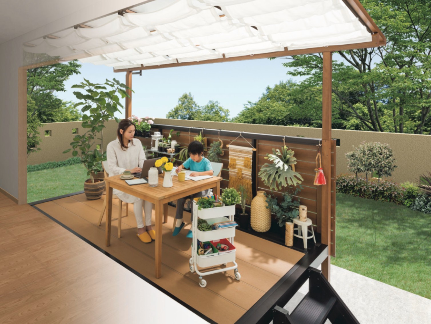 Cafe style work カフエミワークスペース 天気の良い日はバルコニーでお仕事。 少し場所を変えると、頭の切り替えがしやすく効率も良いそうだ。 バルコニーを大好きなグリーンや小物でカフェ風にアレンジしたら、なんとも居心地が良くて・・！ 子供も部屋よりバルコニーが好き。 宿題を教えるのだって、ママはいつもよりちょっとだけ優しくなる。 三協アルミ　物置　多目的スペース　庭まわり　ウォールエクステリア　モダン　おしゃれ　エクステリア　愛知・名古屋の外構専門店パートナーホームのエクステリア　製品一覧　バルコニー　オルネ|パートナーホーム