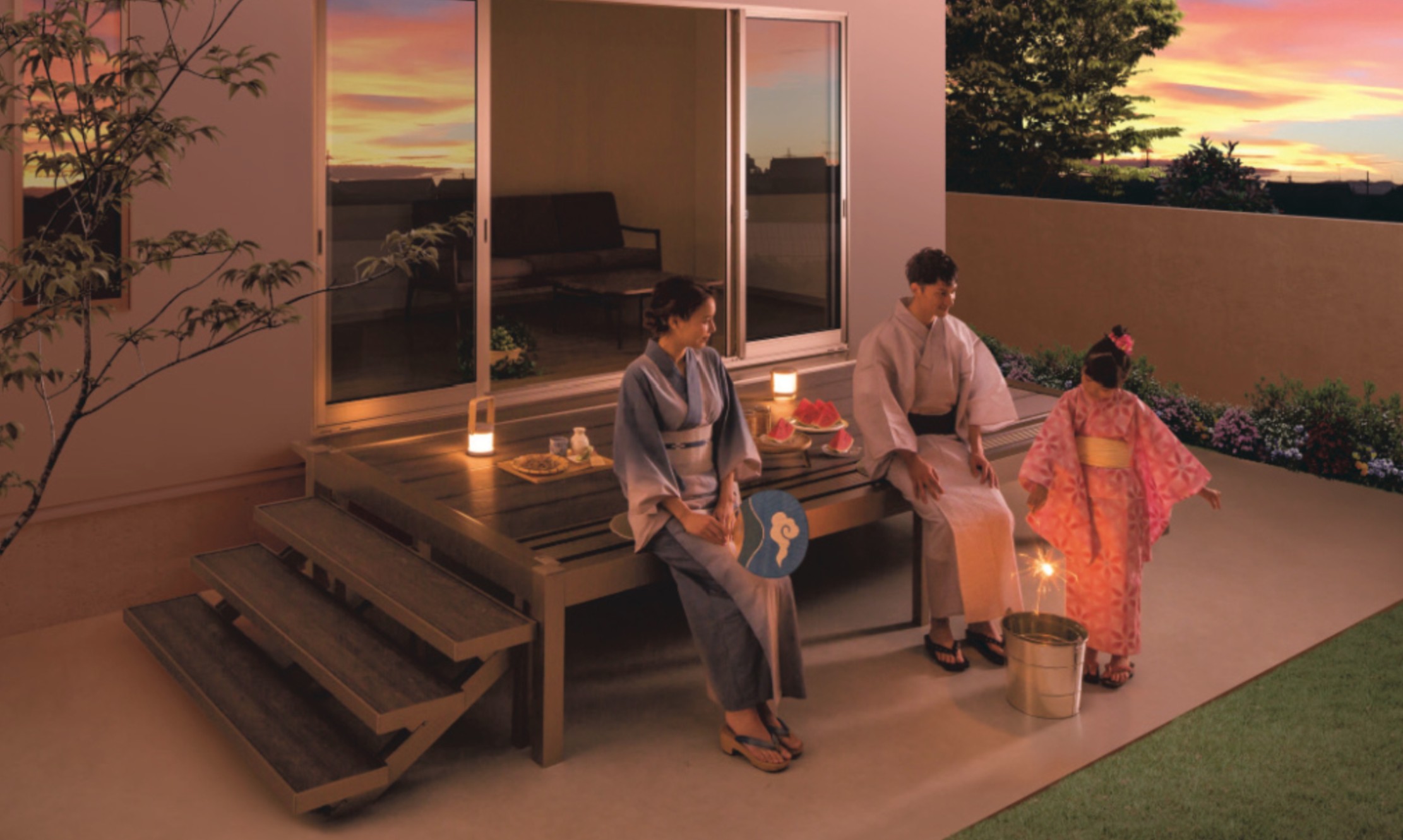 日中の暑さも和らいできた夕暮れ時。 打ち上げ花火も良いけれど、縁台で静かに花火も風流があって素敵。 せっかくなので浴衣に袖を通しておめかしすると、娘もご機嫌。 並んで腰掛けて空を眺める。 何気ないこの時間が、何より大事。|パートナーホーム