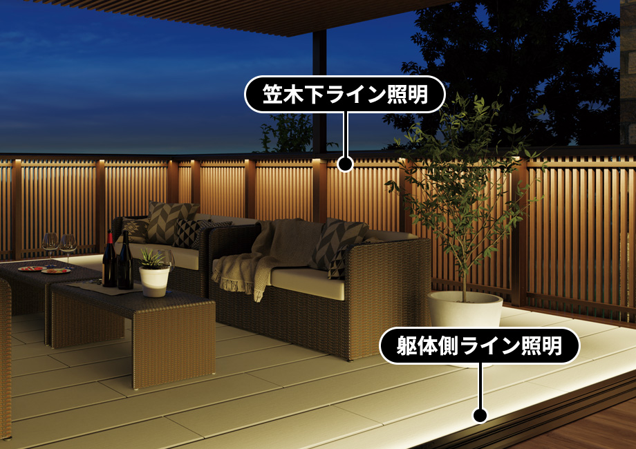 ライン照明 実用的でもあり、外から見ても素敵な空間を演出する「ライン照明」でナイトシーンの演出も可能。 照明・外部コンセント 三協アルミ　庭まわり　ウォールエクステリア　モダン　おしゃれ　エクステリア　愛知・名古屋の外構専門店パートナーホームのエクステリア　製品一覧　ウォールエクステリア特注品　グランフローア|パートナーホーム